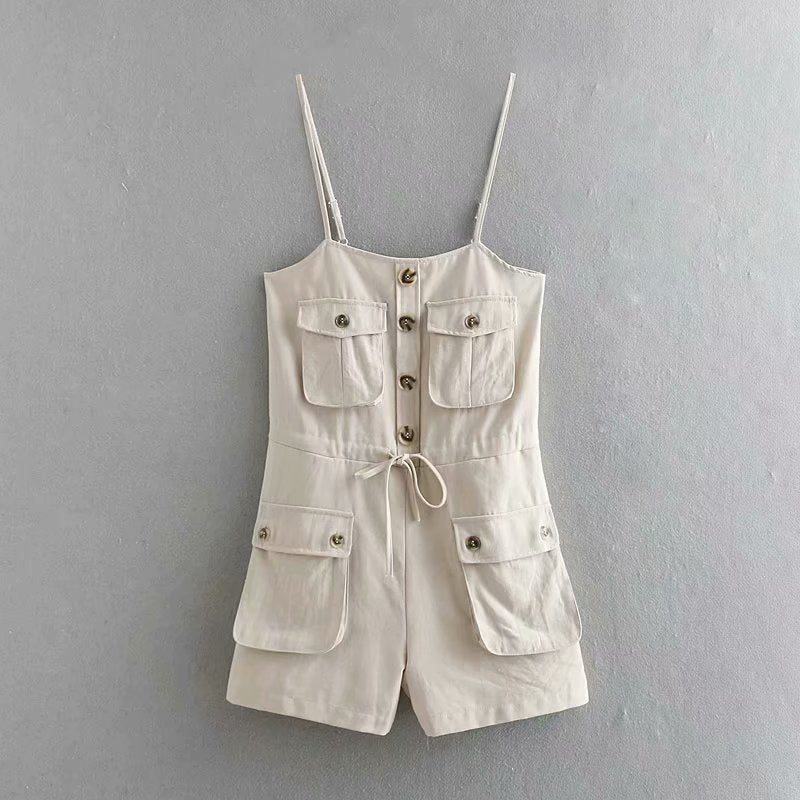 Women's Thin Tooling Style Three-Dimensional Pocket Sling Jumpsuit Shorts Casual Pants