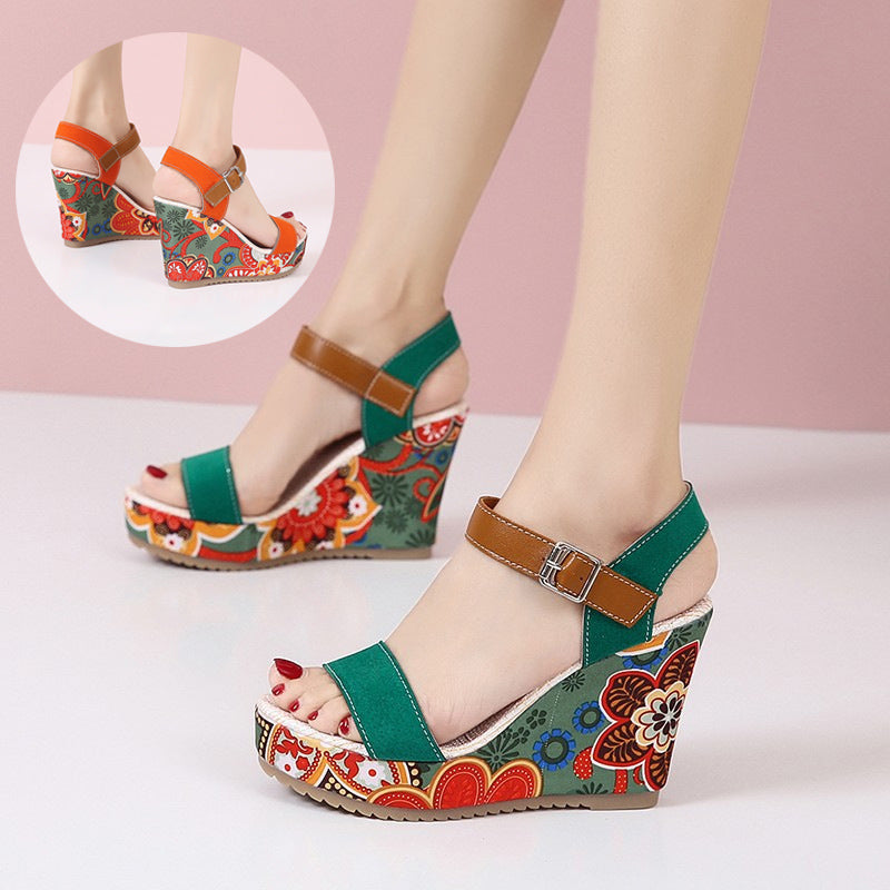 Women's sandals fashionable floral embroidered with high wedge heel for women