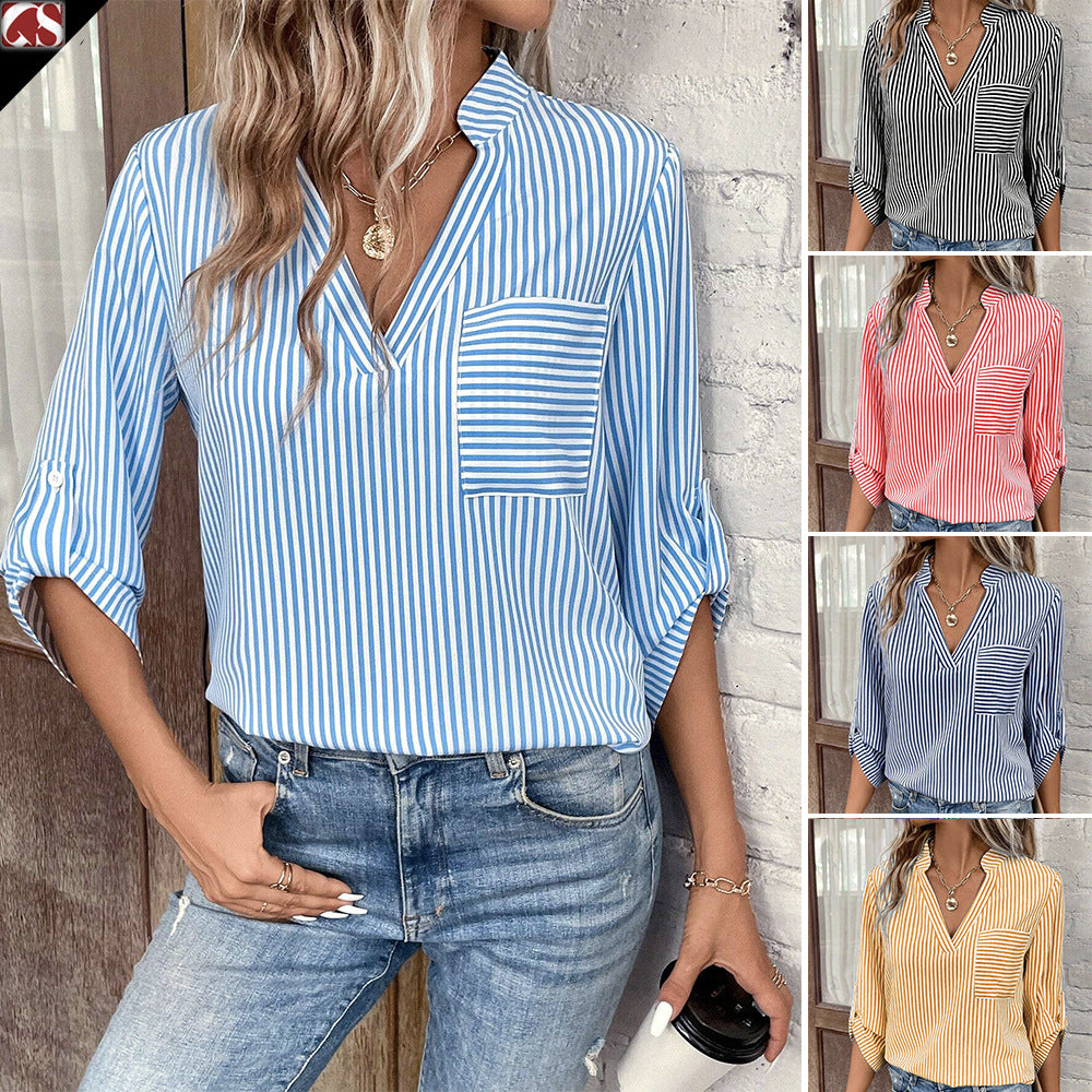 Women's V Neck Striped Printed Long Sleeve Casual Shirt