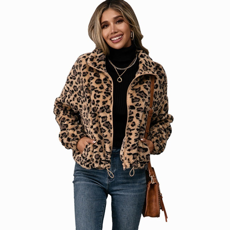 Women's Leopard Print Lapel Zip Furry Jacket