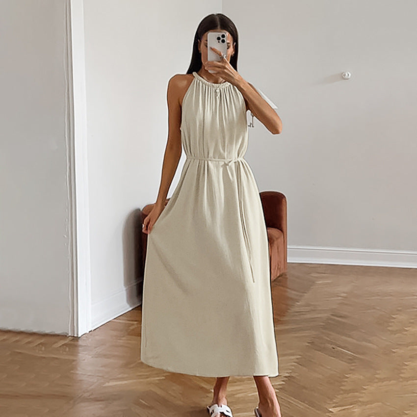 Elegantes Neckholder-Westenkleid aus Leinen mit Schnürung und taillierter Taille für Damen in Khaki