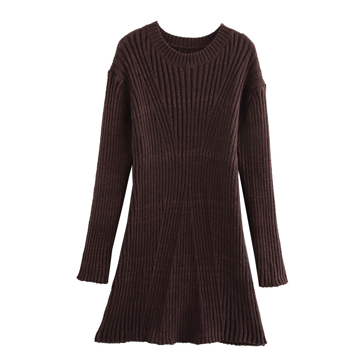 Women's Fashion Solid Ribbed Knitted Dress Fall And Winter Slim-fit Stand-up Collar A-line Dressed