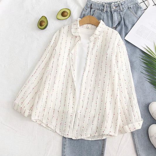 Women's New Double-layer Cotton Yarn Long Sleeves Shirt Loose Artistic Small Floral Cotton Soft Shirt