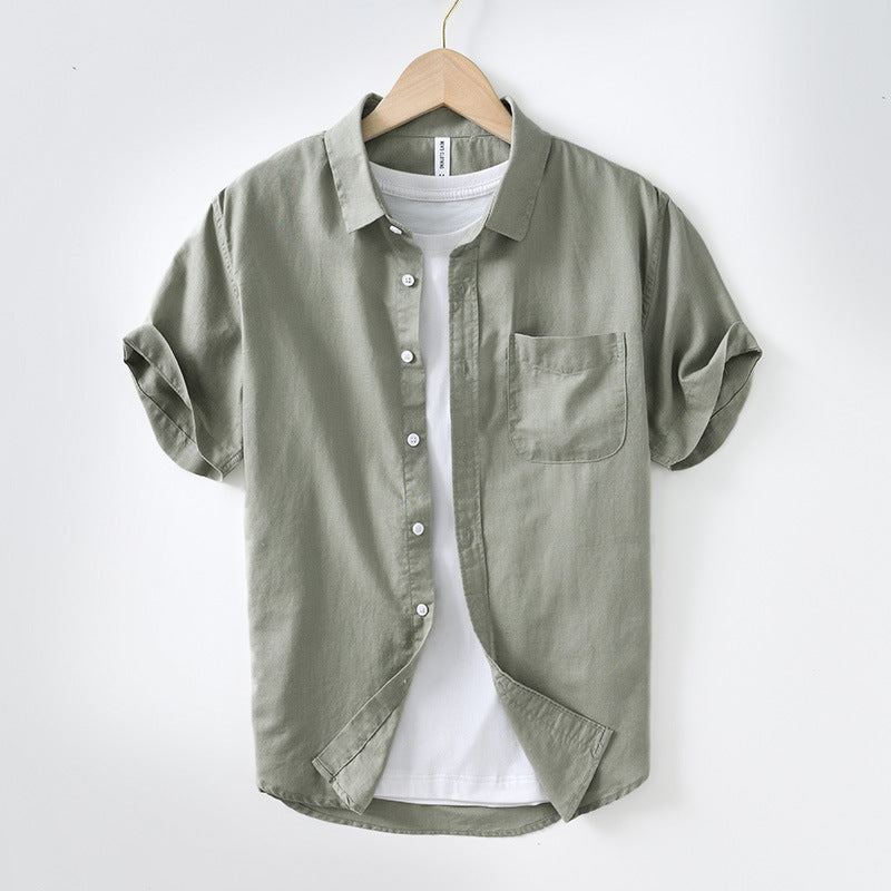 Men's cotton and linen shirt with square collar