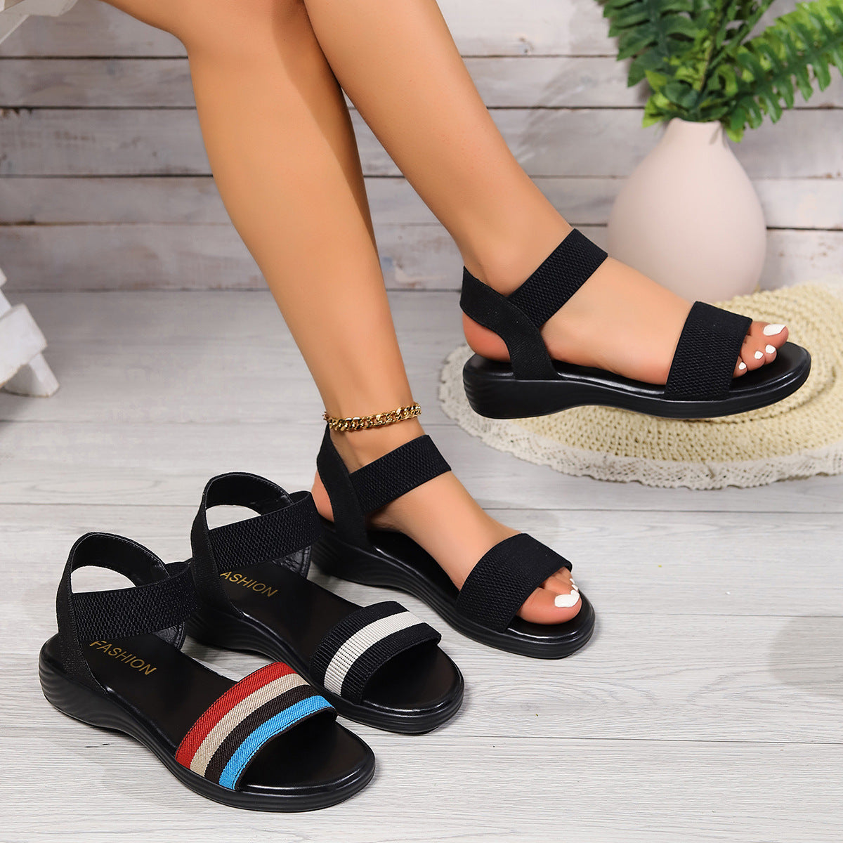 Women Fashion Color-Block Elastic Sandals Summer Fashion Fish Mouth Flat Shoes