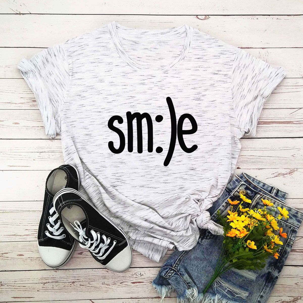 Women New Smile Letter Printed Shirt O Neck Short Sleeve Tees Summer Top 100%cotton S-5XL