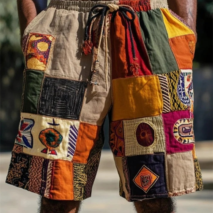 Baumwolle, Leinenshorts für Herren im Ethno-Patchwork-Stil