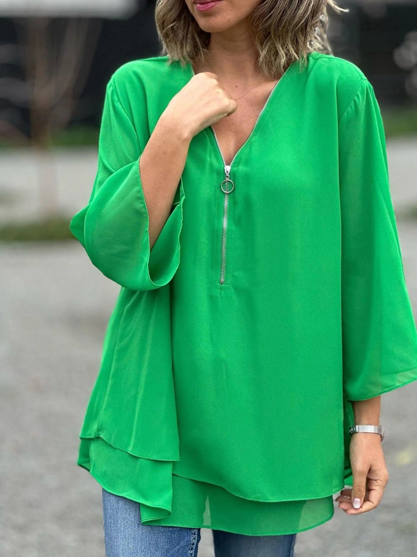 Women's V-neck 34 Sleeves Casual Chiffon Top Metal Loose Zip