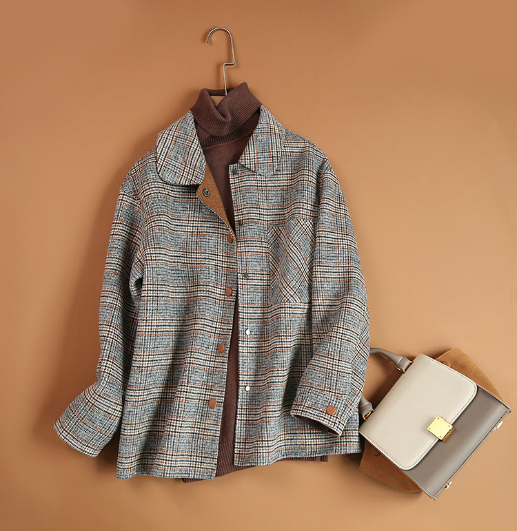 Women's Plaid Woolen Coat Ladies Loose Casual