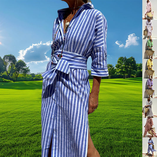 Women's Striped Shirt Dress With Belt Fashion Half-sleeved Lapel Button Cardigan Dresses