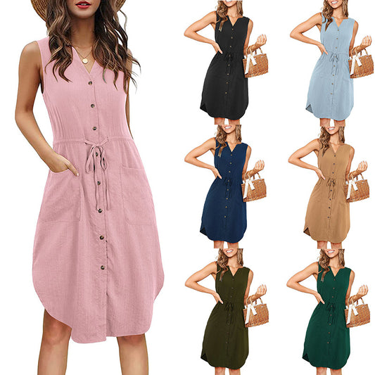 Women Sleeveless V-neck Buttoned Dress With Pockets Fashion Casual Waist Tie Design Summer Dress Womens Clothing