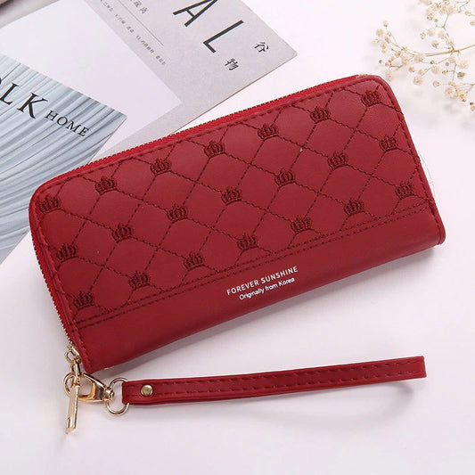 Women Long Crown Embroidery Thread Single Zip Clutch Wallet