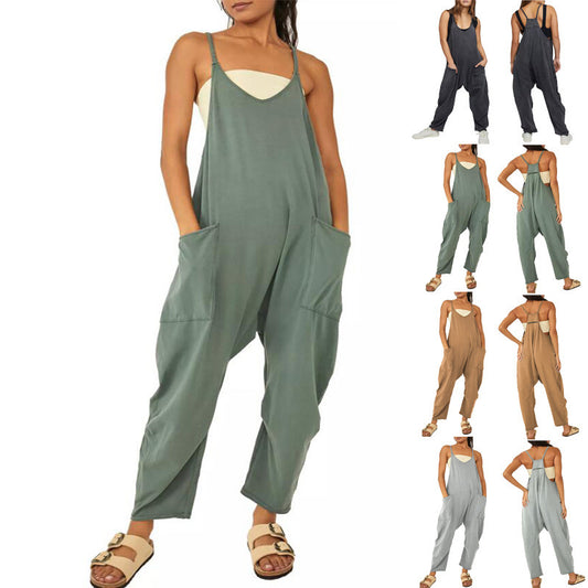 Women Overall Summer Women's Loose Sleeveless Jumpsuits Spaghetti Strap Long Pant Romper Jumpsuit With Pockets Zipper