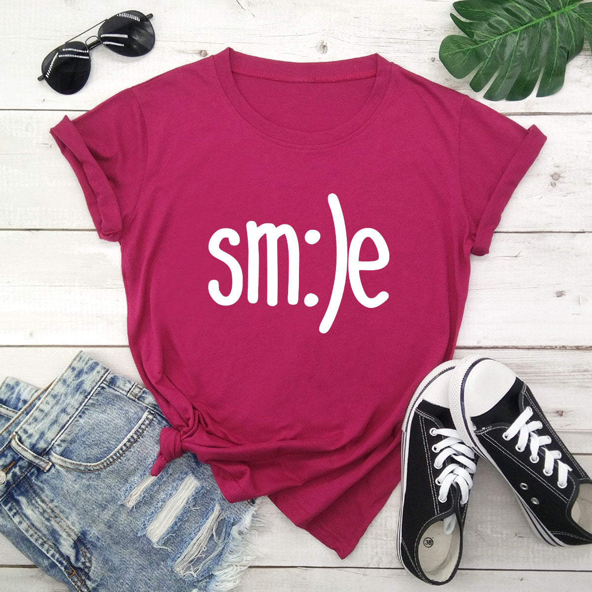 Women New Smile Letter Printed Shirt O Neck Short Sleeve Tees Summer Top 100%cotton S-5XL