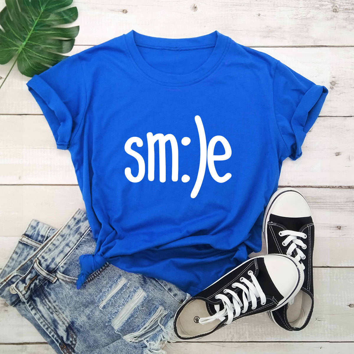 Women New Smile Letter Printed Shirt O Neck Short Sleeve Tees Summer Top 100%cotton S-5XL