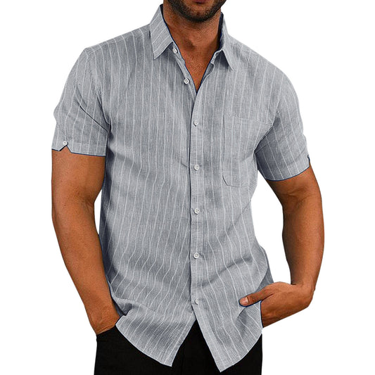 Men's Summer Lapels Short Sleeve Solid Color Buttons Striped Shirt