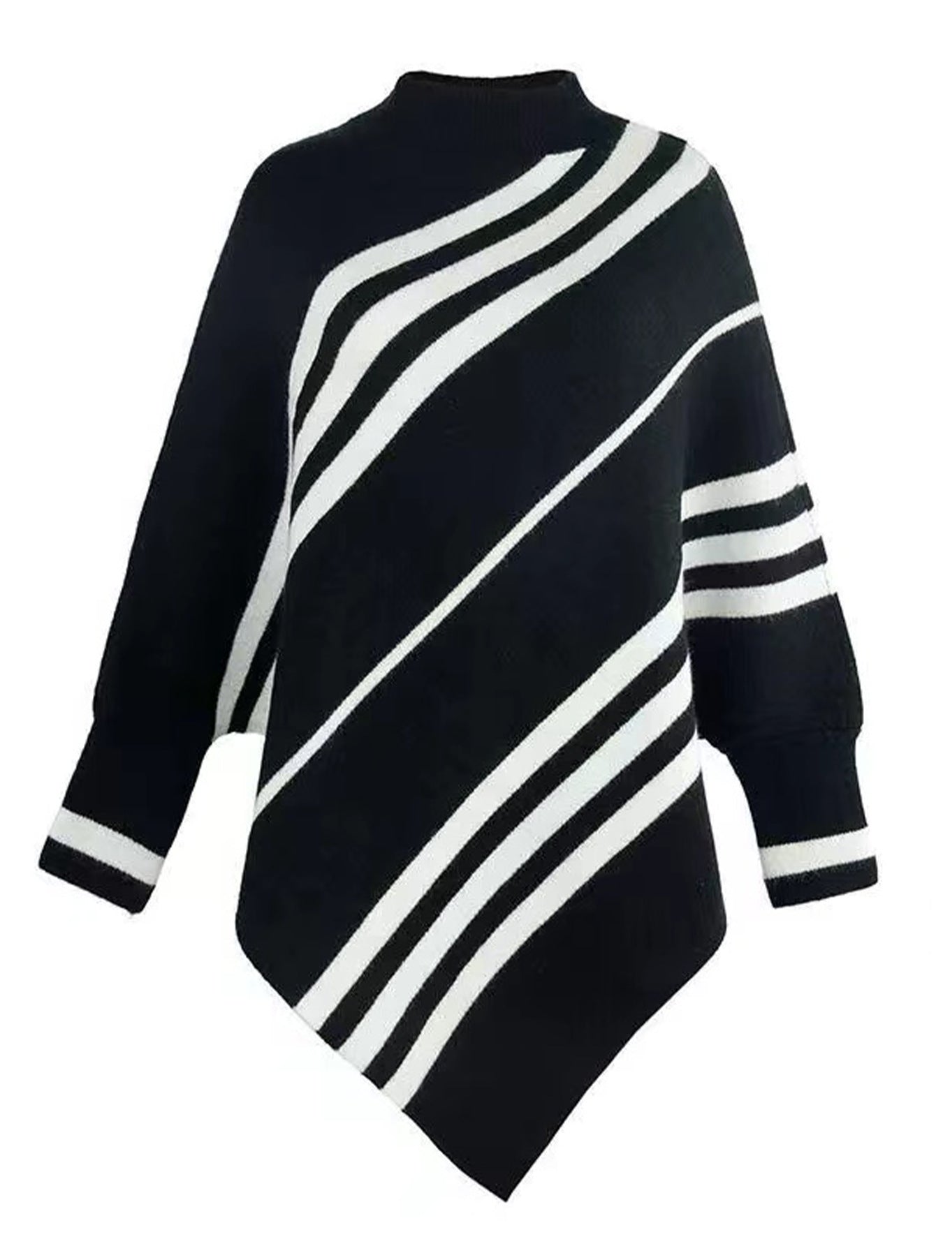 Women's Half Turtleneck Pullover Sweater Striped Batwing Sleeve Shawl