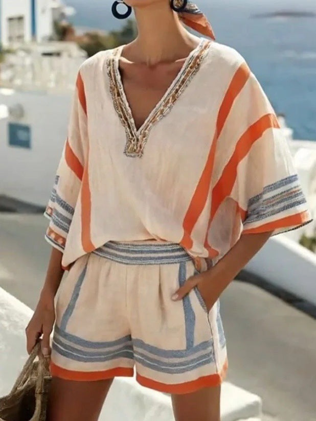 Streifen-Print-Set mit V-Ausschnitt, bestehend aus Top und Shorts für Damen