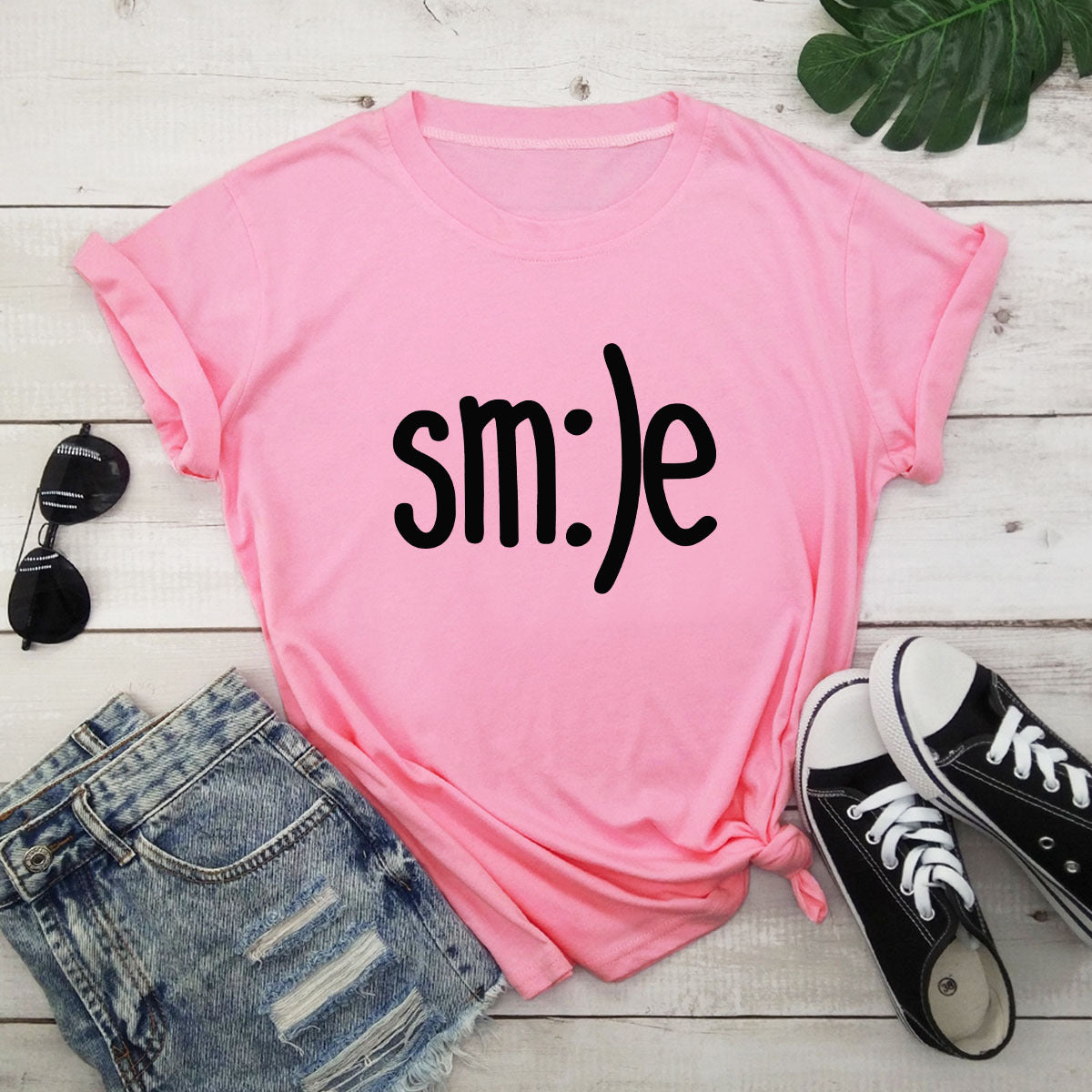 Women New Smile Letter Printed Shirt O Neck Short Sleeve Tees Summer Top 100%cotton S-5XL