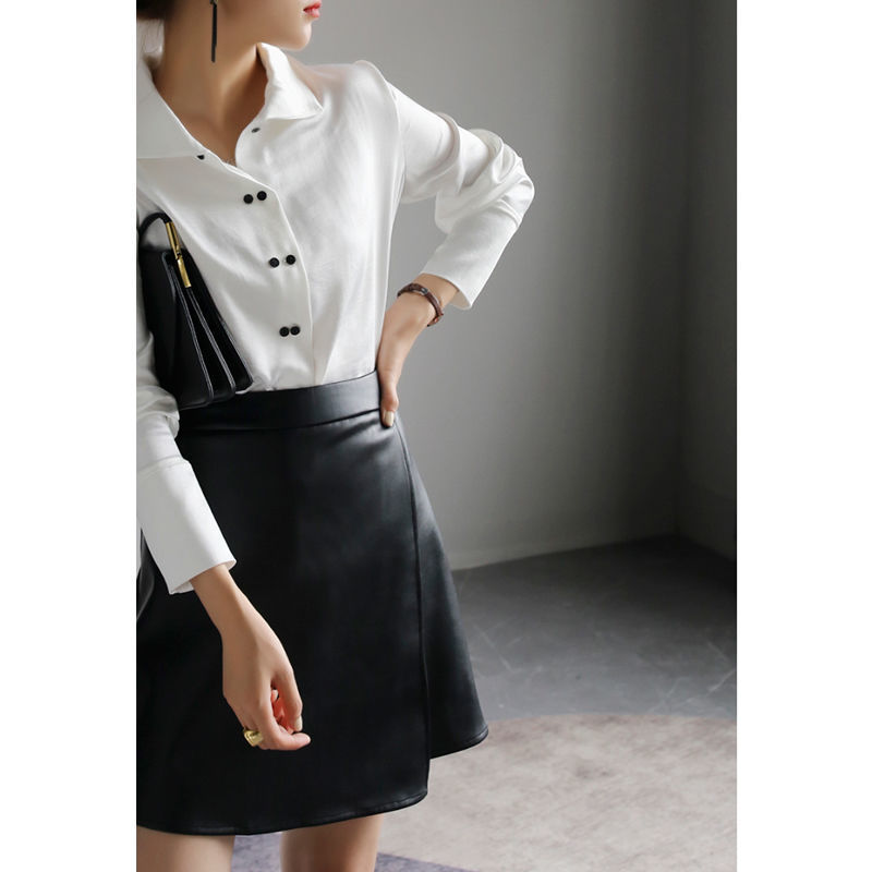 Women's retro high waist PU leather A-line small leather skirt temperament hip skirt skirt