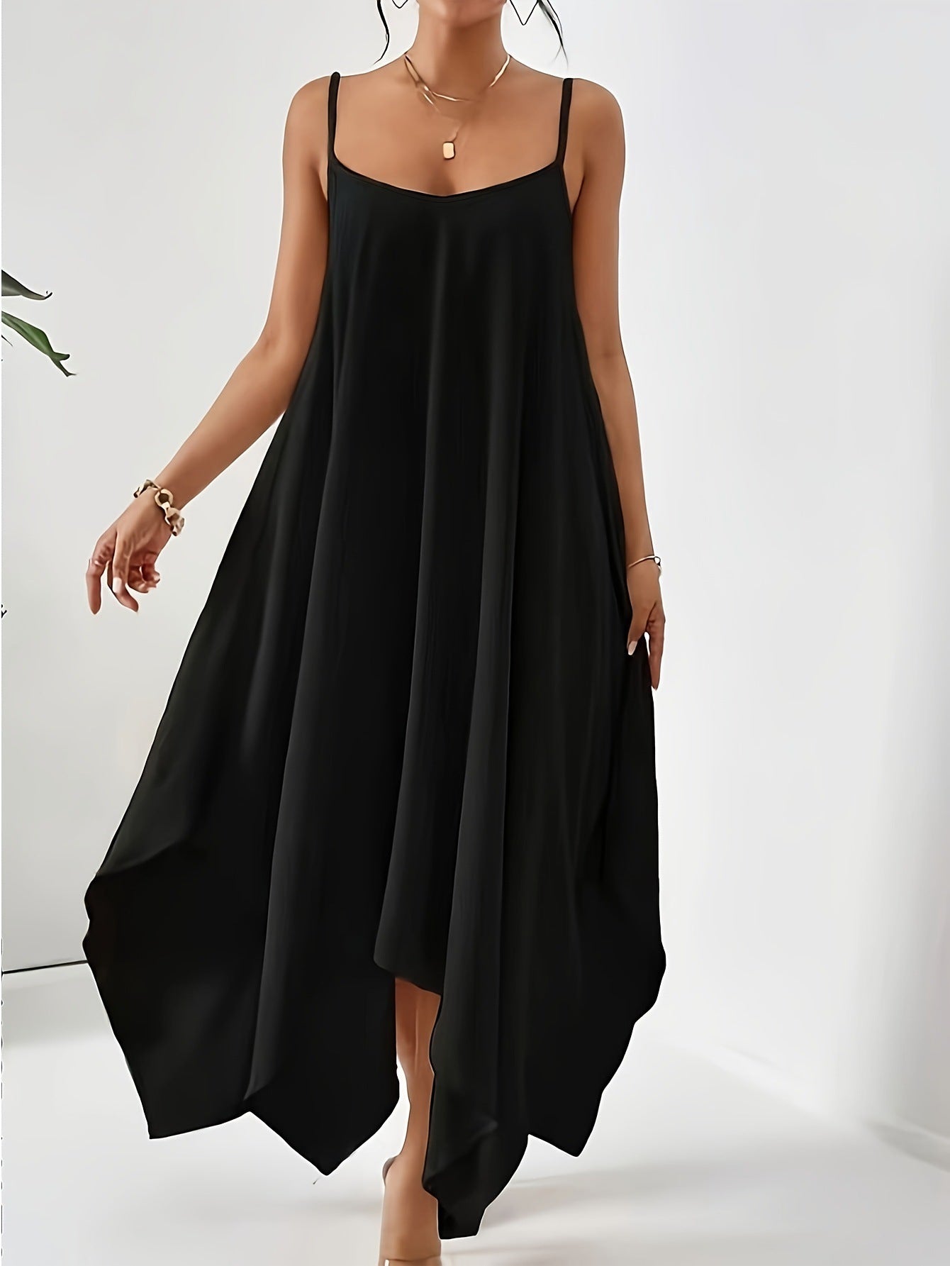 Women Fashion Solid Color Sling Backless Irregular Sleeveless Loose Dress