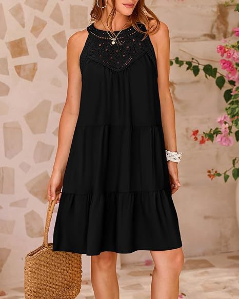 Women Summer A-Line Dress with Floral hollow lace design, Casual loose Vacation Beach Dress