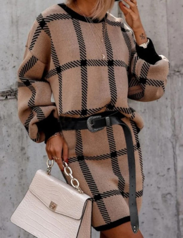 Women Large Plaid Pullover Long Sleeve Woolen Skirt Suit Two-piece Set