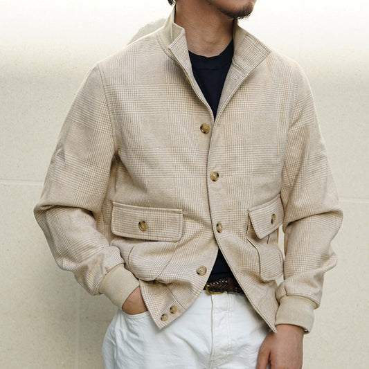 Herren Pilotenjacke Tweed Kurzer Schlanker Stehkragen Wollmantel