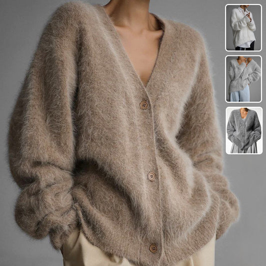Women's Loose V-neck Button Cardigan Fall Autumn Fashion Single Breasted Knitted Sweater Top