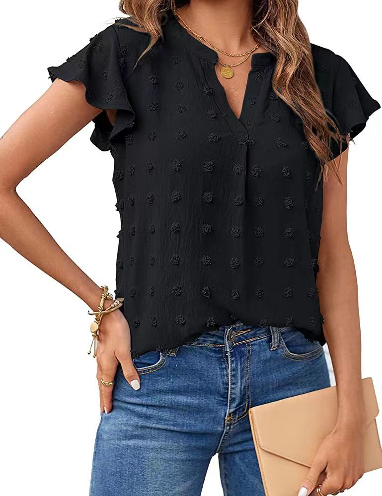 Women Sommer V-Ausschnitt Rüschen Kurzarm Bluse Dot Flowy Shirt Top