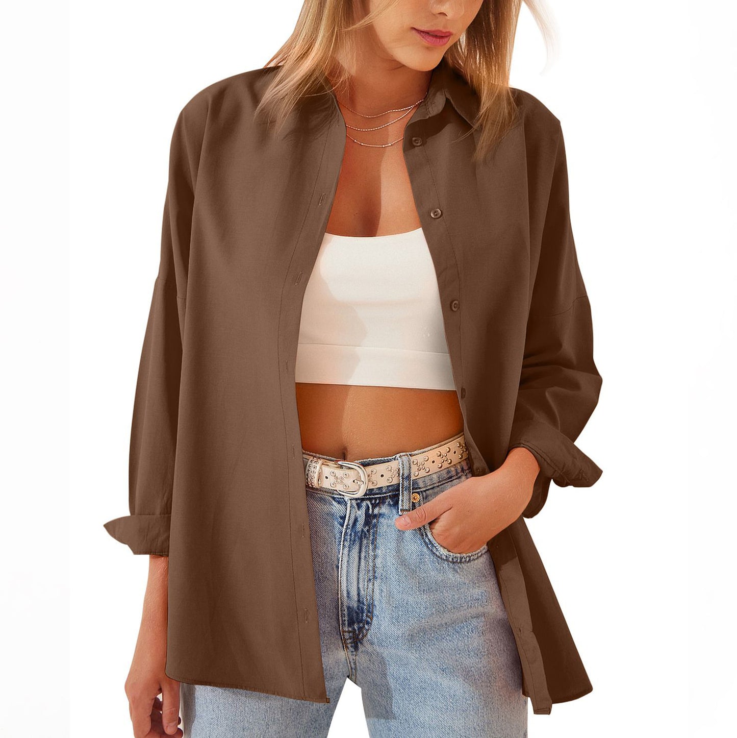 Damen-Hemdjacke, langärmelige Bluse, Button-Down-Tops, bonbonfarbenes Hemd