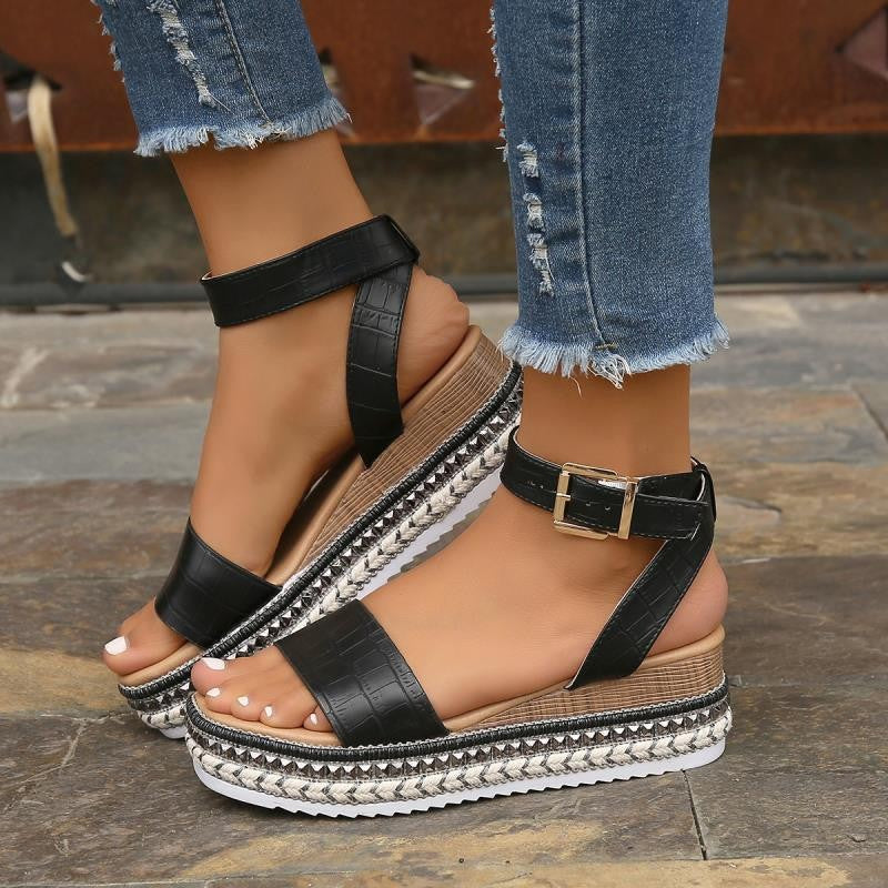 Women Sommer Sandalen Schnalle Riemen Hanf Wedges Plattform Peep Toe Schuhe Frauen