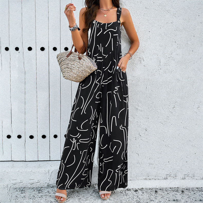 Women Fashion Print Square Neck Jumpsuit With Pockets Spring Summer Casual Loose Overalls Womens Clothing