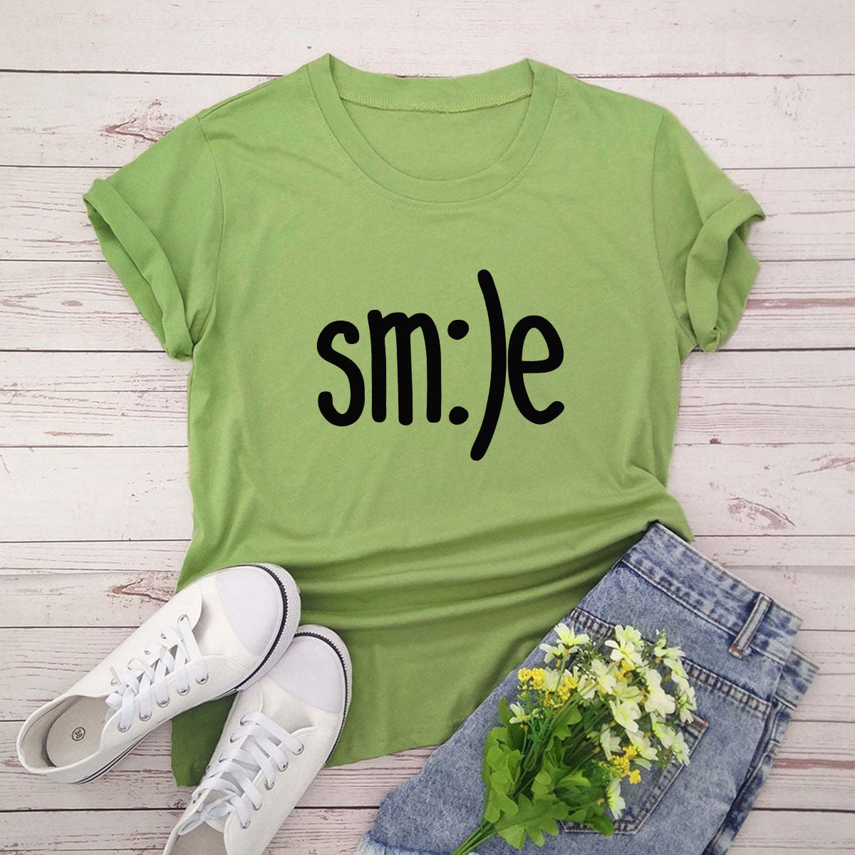 Women New Smile Letter Printed Shirt O Neck Short Sleeve Tees Summer Top 100%cotton S-5XL