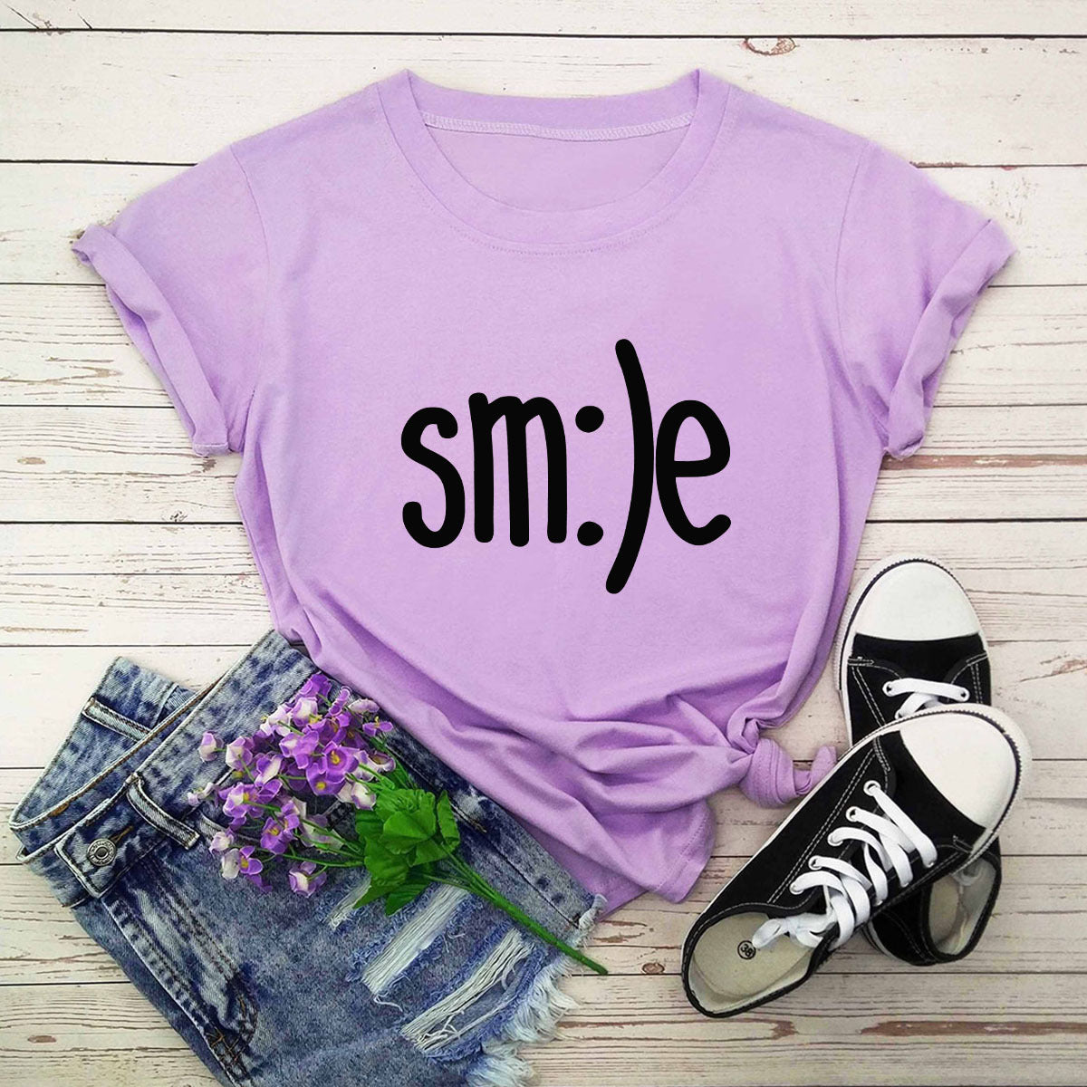 Women New Smile Letter Printed Shirt O Neck Short Sleeve Tees Summer Top 100%cotton S-5XL