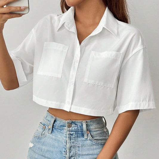 Women's Shoulder Pocket Patched Crop Shirt Short Sleeve Tops