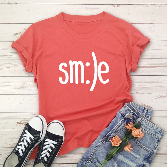 Women New Smile Letter Printed Shirt O Neck Short Sleeve Tees Summer Top 100%cotton S-5XL