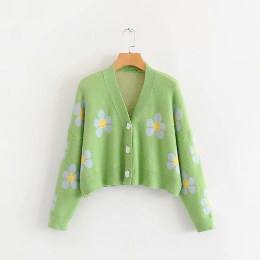 Women cardigan in floral jacquard with V-neck-short