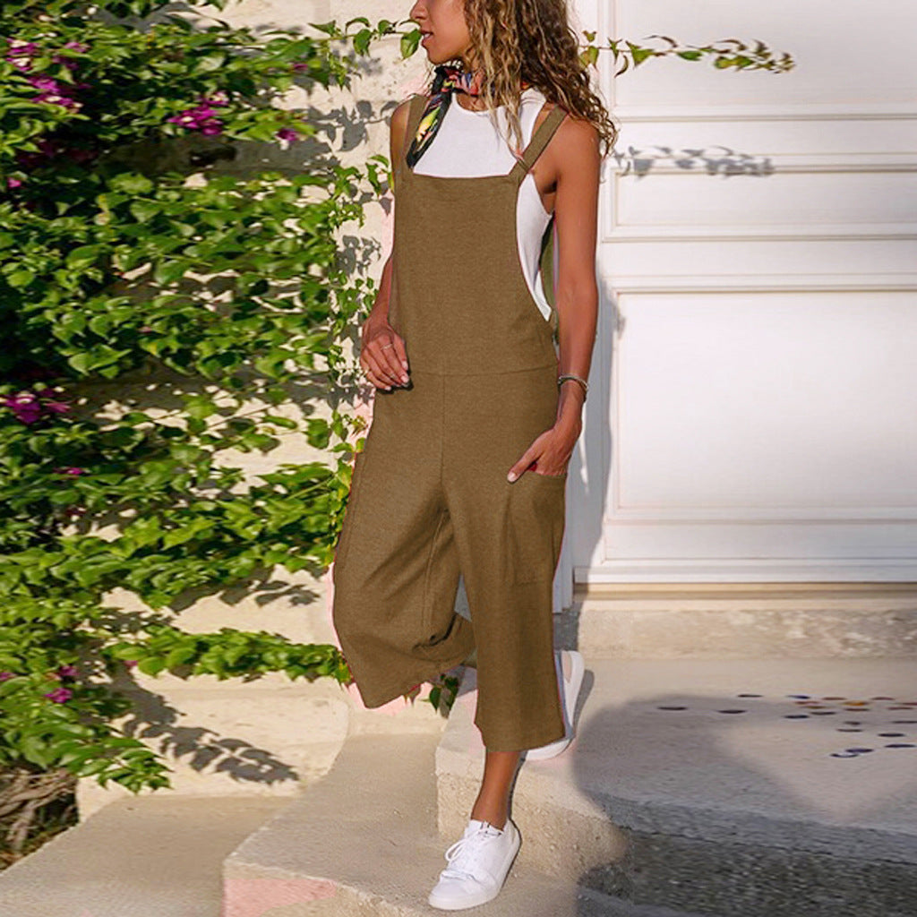 Damen lässiger Jumpsuit aus Baumwolle und Leinen mit langem breiten Bein