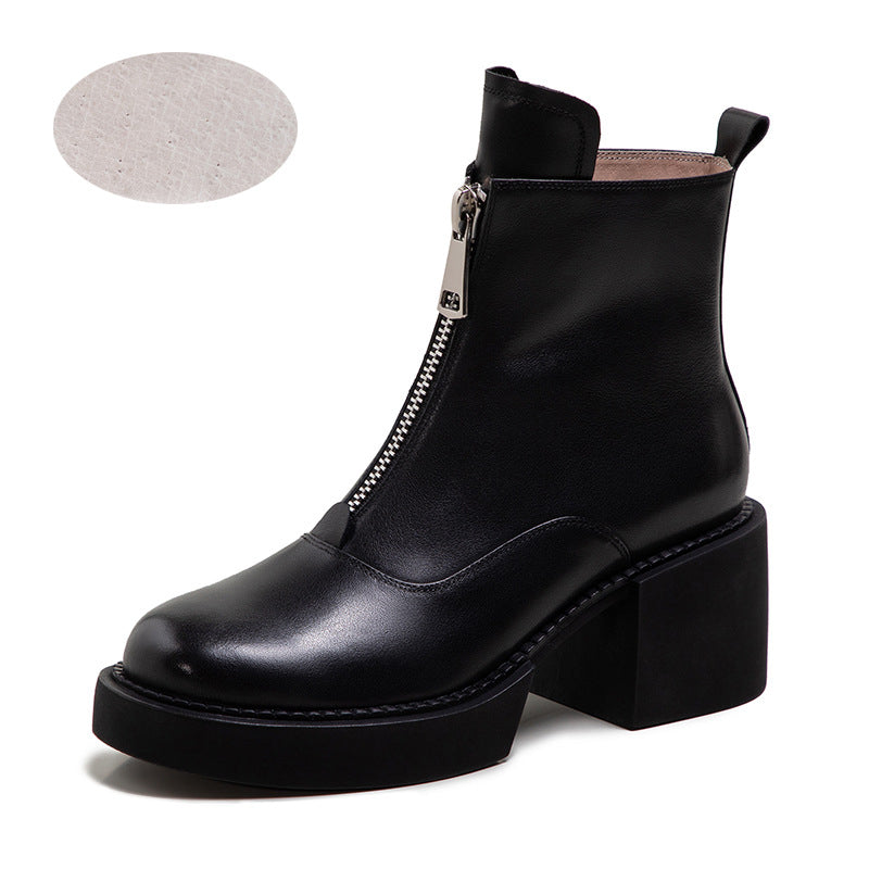 Women's Leather Platform Thick Heel Ankle Boots