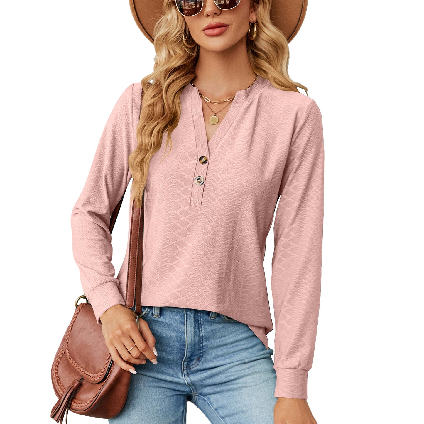 Women's Solid Color And V-neck Button Jacquard Loose Long Sleeve Top