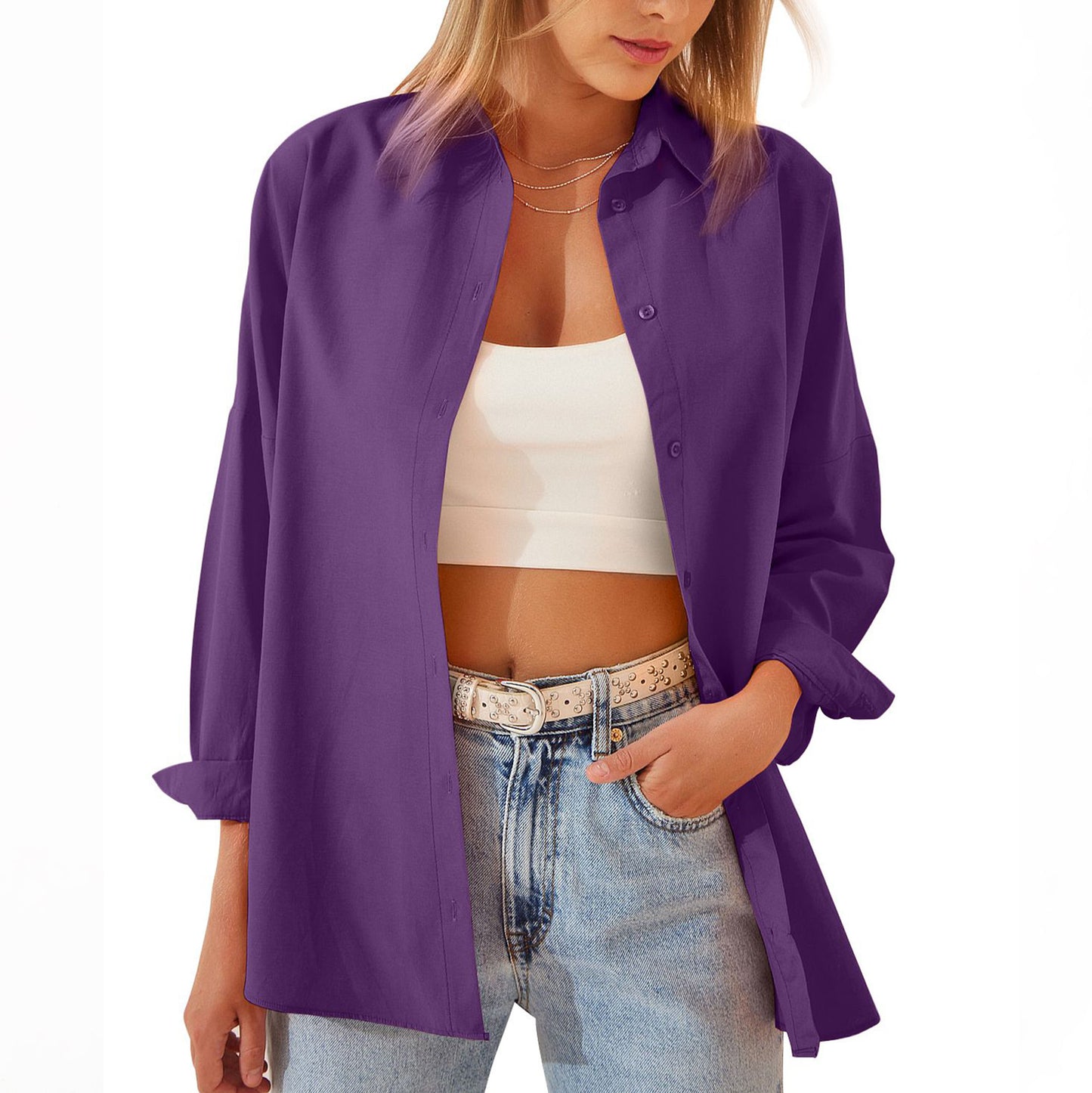 Damen-Hemdjacke, langärmelige Bluse, Button-Down-Tops, bonbonfarbenes Hemd