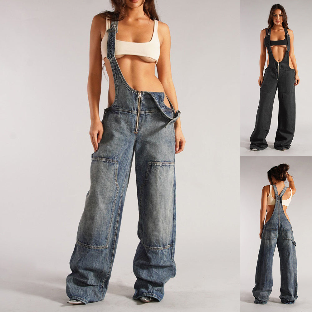 Women's Y2K Zipper Denim Overalls With Pockets Fashion Loose Suspender Jumpsuit Streetwear