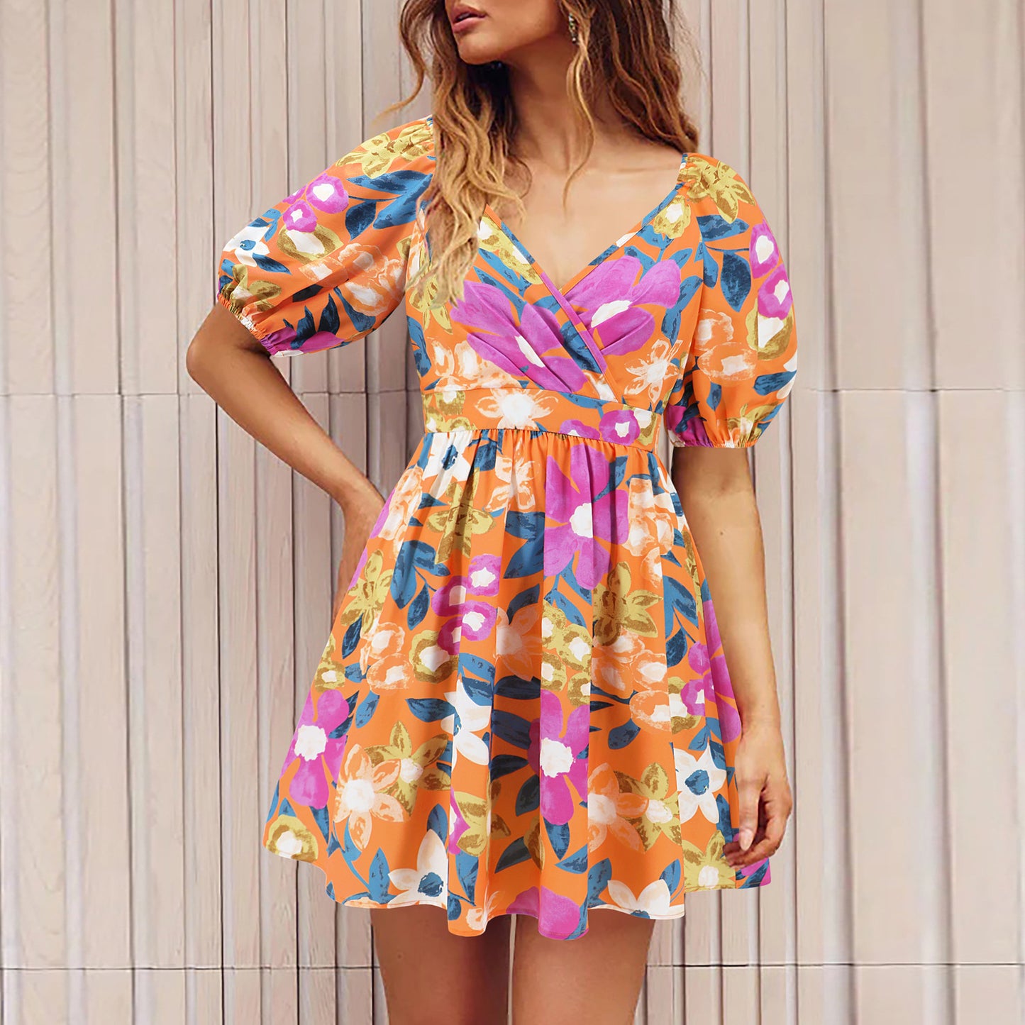 Women floral print V-neck lantern sleeve dress Y2K summer beachwear