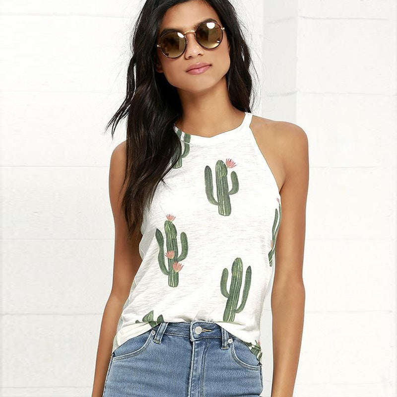 Women Summer Cactus Print shirt Casual Halter Harajuku Women T-shirt Top