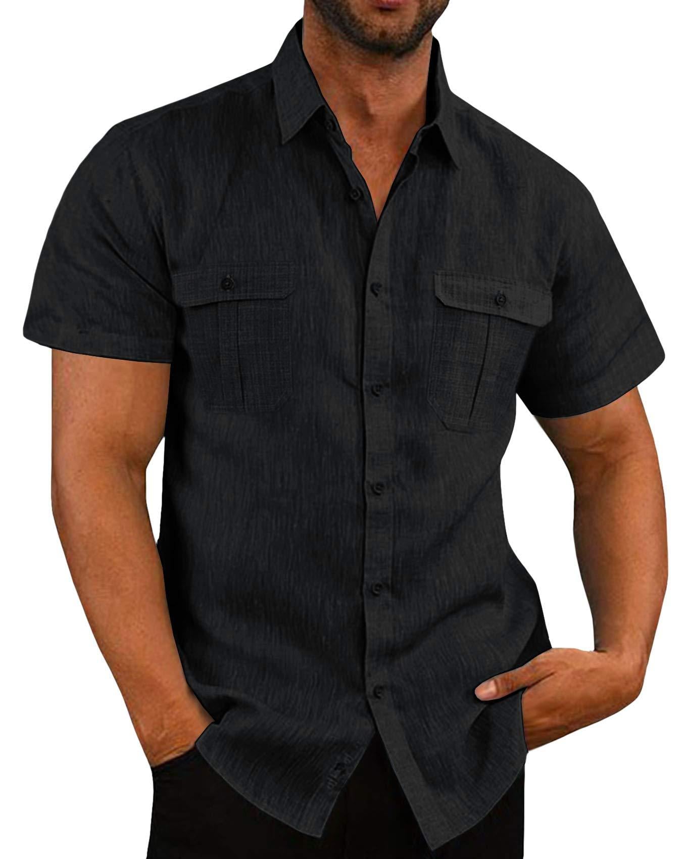 Men's Shirt Double Pocket Cotton Linen Short Sleeve Shirt