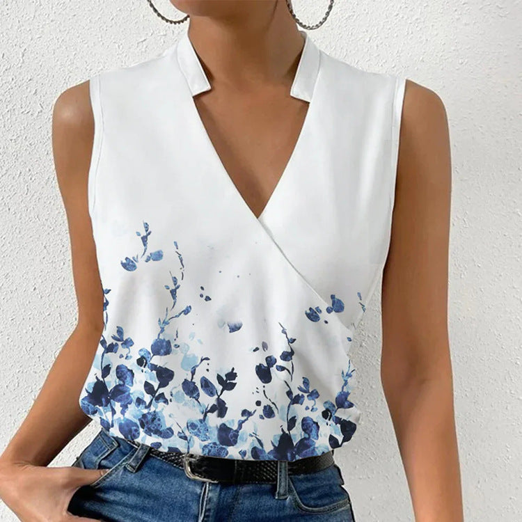 Women's leisure printed tops summer V-neck sleeveless T-shirt