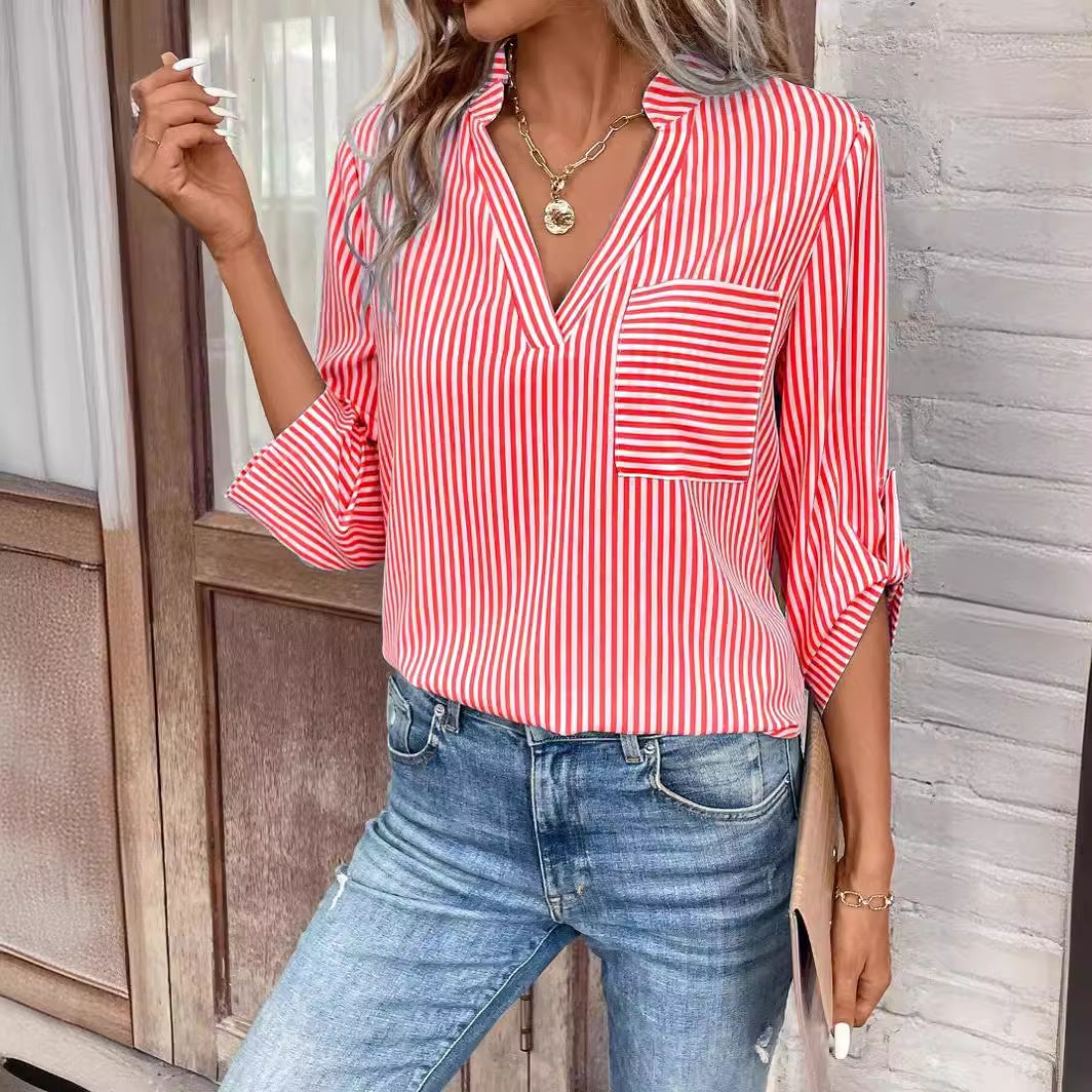 Women's V Neck Striped Printed Long Sleeve Casual Shirt