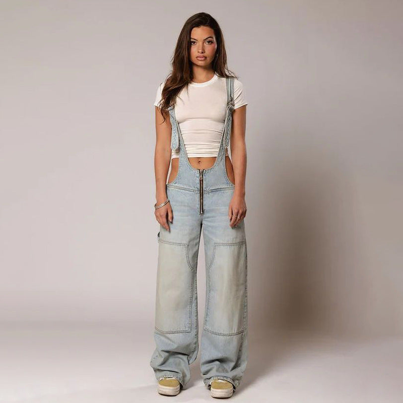 Women's Y2K Zipper Denim Overalls With Pockets Fashion Loose Suspender Jumpsuit Streetwear