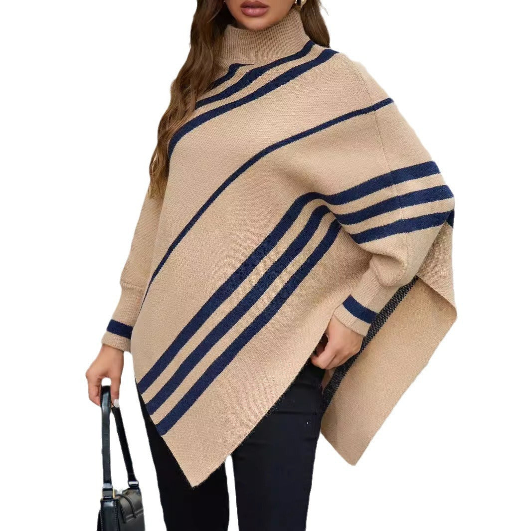 Women's Half Turtleneck Pullover Sweater Striped Batwing Sleeve Shawl